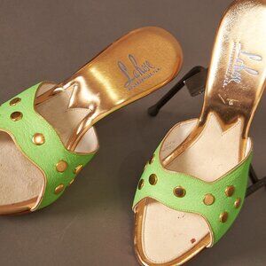 1950s Neon Green Gold Stud Boomerang Open Toe Heels